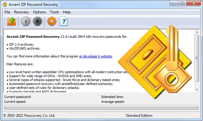 Accent ZIP Password Recovery recovers Zip/WinZip passwords
